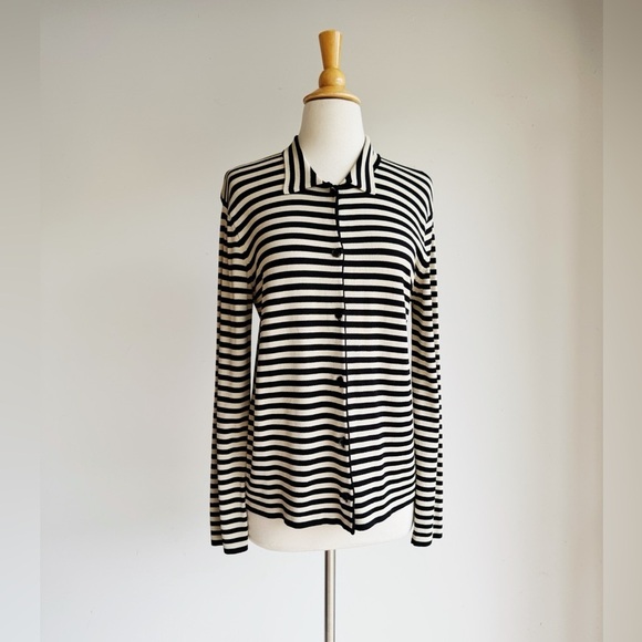 Vintage Sweaters - VINTAGE JONES NEW YORK Drapey Black and Tan Striped Cardigan Medium